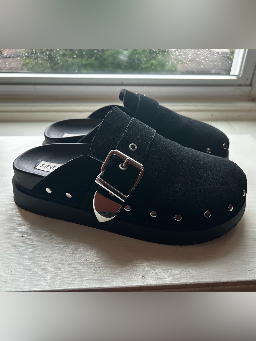 Black Suede Buckle Studded Mule Clogs